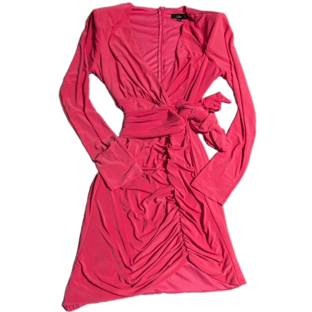 Lulus Marlay Ruched Bodycon Dress Womens XL Hot Pink Long Sleeve Wrap Mini NWT‎